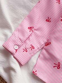 SHEIN Vintaside Kids 女童檸檬條紋印花清新輕盈設計襯衫，翻領長袖寬鬆休閒襯衫，仿檸檬刺繡圖案，春/秋休閒襯衫 - 粉色 - 查看 10
