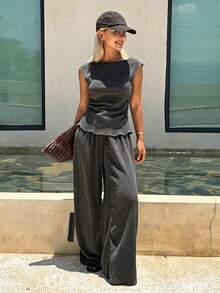 Livesso Women's Casual Vacation Minimalist Solid Color Pleated Fitted Top And Wide Leg Pants 2-Piece Set, Spring/Summer/Autumn Travel Dark Grey - Grey - View 3