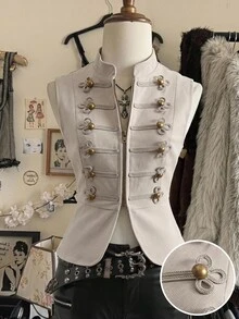Attitoon Y2K Napoleon Fashion Vintage-Style Woven Buttons Button Decor Vest - Apricot - View 9