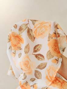Zanirela Orange Rose Floral Print Halter Neck Tie Dress, Cold Shoulder Sleeveless Tiered Ruffle Hem, Slim Fit Flattering Sweet Vacation Style Mini Dress - Multicolor - View 9