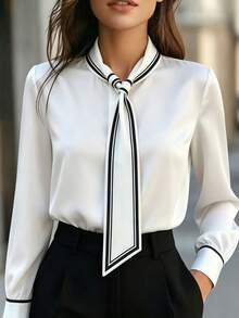 EMERY ROSE Blusa elegante blanca de manga larga para mujer, con cuello anudado y ribete de contraste estampado, ajuste regular, adecuada para vacaciones, desplazamientos, oficina, uso diario, todas las estaciones, versátil en blanco - Blanco - Ver 4