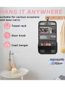 1 pieza Bolsa de maquillaje colgante multifuncional, bolsa de almacenamiento, gran capacidad, fácil de transportar, regalo navideño, vibraciones bohemias - Negro - Ver 9