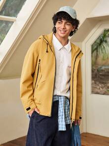 Whitmere 1pc Men's Mustard Yellow Hooded Windbreaker, Men's Utility Jacket, Men's Jacket, Men's Windbreaker, Anti-Lost Zipper Large Pockets Design, Sporty, Machine Washable, Outdoor Hiking Functional Jacket, Comfortable Daily Menswear Top - Yellow - View 4