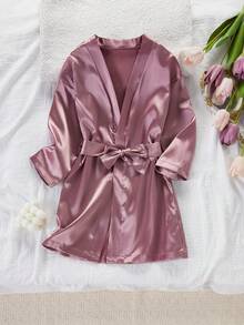 女嬰紫色緞面長袖前綁帶長款睡衣，背面花環印花家居服，適合婚禮新娘、生日、秋季仙女公主風 - 紫色 - 查看 2
