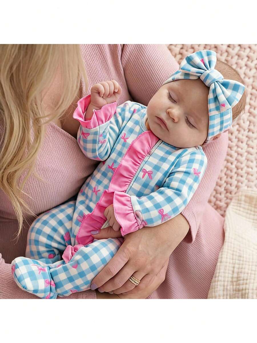 SHEIN Newborn Baby Cute Knitted Casual Cartoon Pattern Romper And Headband Set - Blue and White - View 1