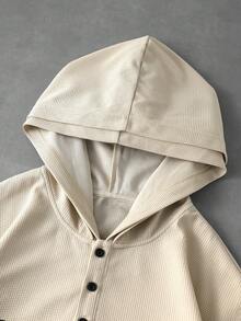 ROMWE MEN 男士字母印花華夫格針織休閒街頭風連帽衫 - 卡其色 - 查看 3