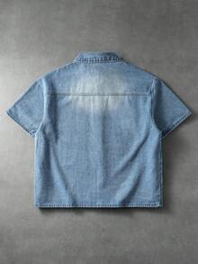 ROMWE MEN 男士重磅水洗印花寬鬆休閒牛仔短袖上衣 - 藍色 - 查看 2