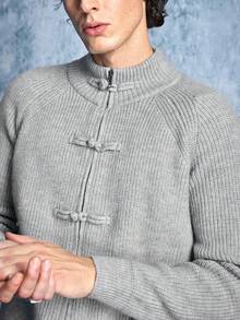 ROMWE MEN Men's Frog Button Raglan Long Sleeve Casual Knit Cardigan - Light Grey - View 2