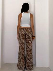 SHEIN Glamour Damen Wellen-Streifen Schlaghose mit hoher Taille und Schnürung vorne, fließende weite Schlaghose, lässige Sommer-Strandhose, Urlaubsstil super Fee Damenhose - Braun - Übersicht 5
