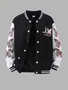 SHEIN Explorewe Streecool 青少年女孩秋冬休閒舒適時尚設計日常百搭字母與娃娃圖案棒球夾克 - 黑與白 - 查看 3