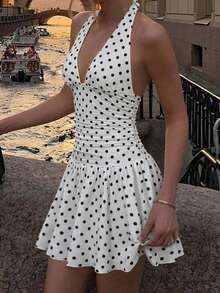 Avenya Vintage Deep V Neck White And Black Polka Dot Halter Neck Sexy Elegant Double Layer Ruffle Women's Mini Dress Waist Cinched Pleated Puff Short Dress - Multicolor - View 7