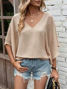 EMERY ROSE Blusa minimalista de unicolor con escote en V para mujer - Albaricoque - Ver 6