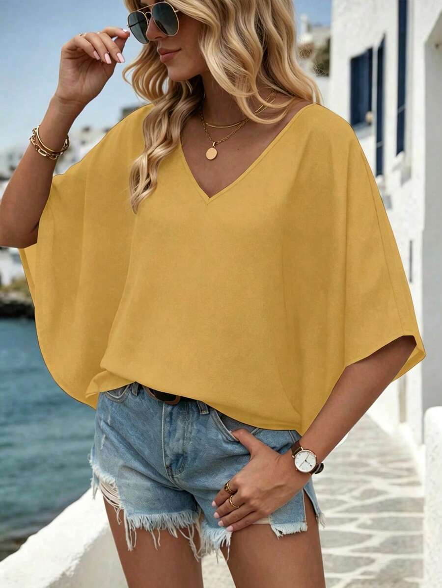 EMERY ROSE Áo sơ mi tay ngắn cổ chữ V màu trơn, dáng rộng, thoải mái, thích hợp cho kỳ nghỉ. - Màu vàng - Xem 1