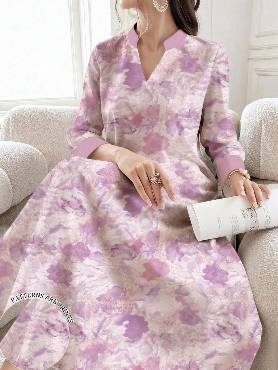 SHEIN Najma 花卉植物夢幻配色印花女裝洋裝,時尚V領開襟設計收口長袖洋裝,春夏休閒長洋裝,碎花長洋裝 - 彩色 - 查看 1