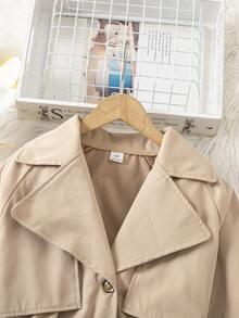 Tween Girls Beige Long Sleeve Elegant Commuter Zip Up Waist-Cinching Hooded Mid-Length Jacket With Webbing, Fall, Solid, Minimalist, Back To - Apricot - View 5