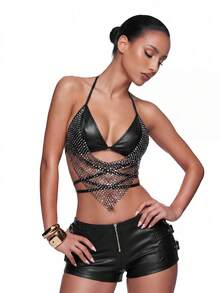 SHEIN ICON Sexy Sequin Mesh Cross Back Halter Crop Y2K Glitter Black Sexy Top Party Club Night Out Summer - Black - View 10