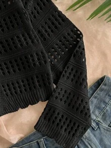 SHEIN 女童純色針織休閒開襟衫 - 黑色 - 查看 5