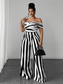 Maweii Plus Size Women's Off-Shoulder Striped Patchwork Casual Daily Jumpsuit - Black and White - View 8