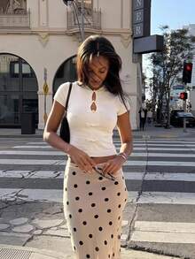 Lumalex Ivory Knit Crop Top With Mandarin Collar Short Sleeves Frog Knot Buttons Front Keyhole Cutouts Ribbed Cuffs Luxury Top Outfits For Parties Dates Daily - Apricot - View 8