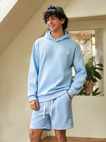 Whitmere Men's Light Blue Solid Hooded Long Sleeve Knit Loose Fit Hoodie Set, Fleece Lined, Casual, Drawstring, Ribbed, Pocket, Spring/Fall/Winter, Sweatsuit Gift For Father/ Husband - Baby Blue - View 4