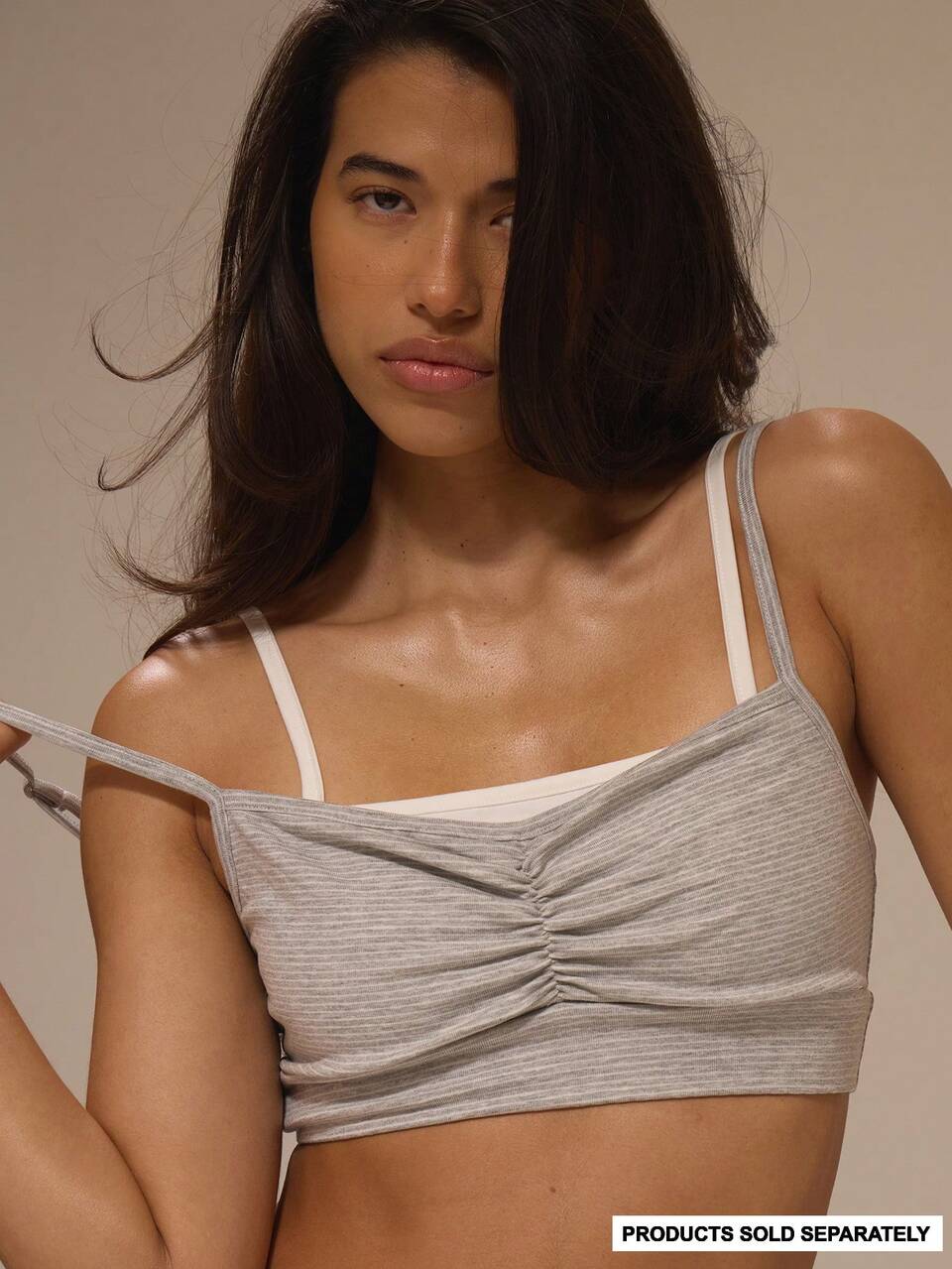 Top bralette court gris à double couche, rayures, buste froncé et bretelles, lingerie sexy et mignonne pour tous les jours, pyjama Muse In Her Era