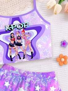 少女休閒簡約卡通女團印花 K-Pop 超級巨星 紮染細肩帶背心上衣與短褲家居套裝，適合夏季 - 彩色 - 查看 6