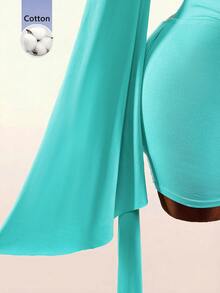 Amplova Romantic Low-Cut Draped Neckline Large Bell Sleeve Bodycon Fitted Mini Dress - Green - View 7