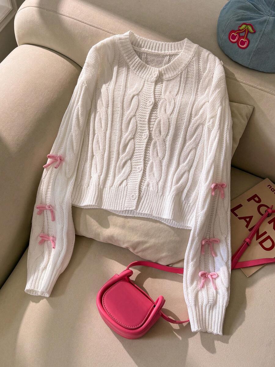 SHEIN 女童時尚休閒清新短版純色秋冬連帽針織開襟毛衣 - 粉色 - 查看 1