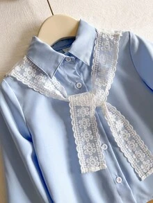 SHEIN 女童韓式簡約藍色長袖襯衫，附白色蕾絲披肩 - 彩色 - 查看 3