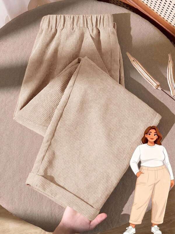 Rusticease Plus Size Women's Autumn/Winter Casual Corduroy Khaki Solid Color Long Pants With Pockets, Fall Country,New, Simple And Fashionable For Everyday Wear