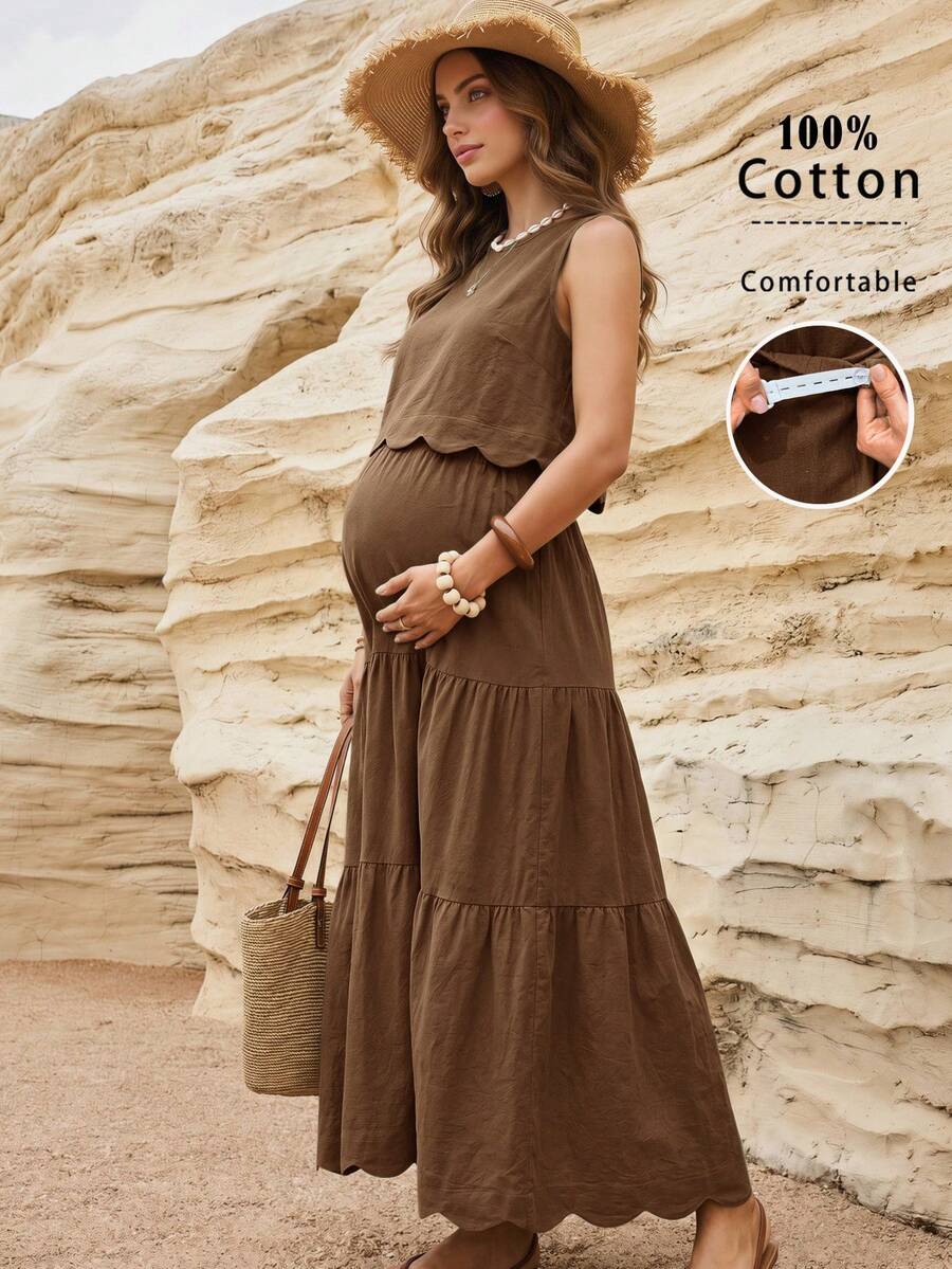 Boho Mama 孕婦度假休閒純色背心與裙子兩件套 - 棕色 - 查看 1