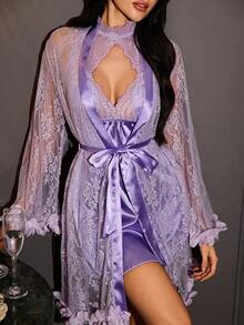 SilkySpell Soft Purple Lace Robe Set, V-Neck Open Front Tie Closure, Halter Backless Satin Mini Dress, Sexy Women's Sleepwear 2-Piece Set - Purple - View 4