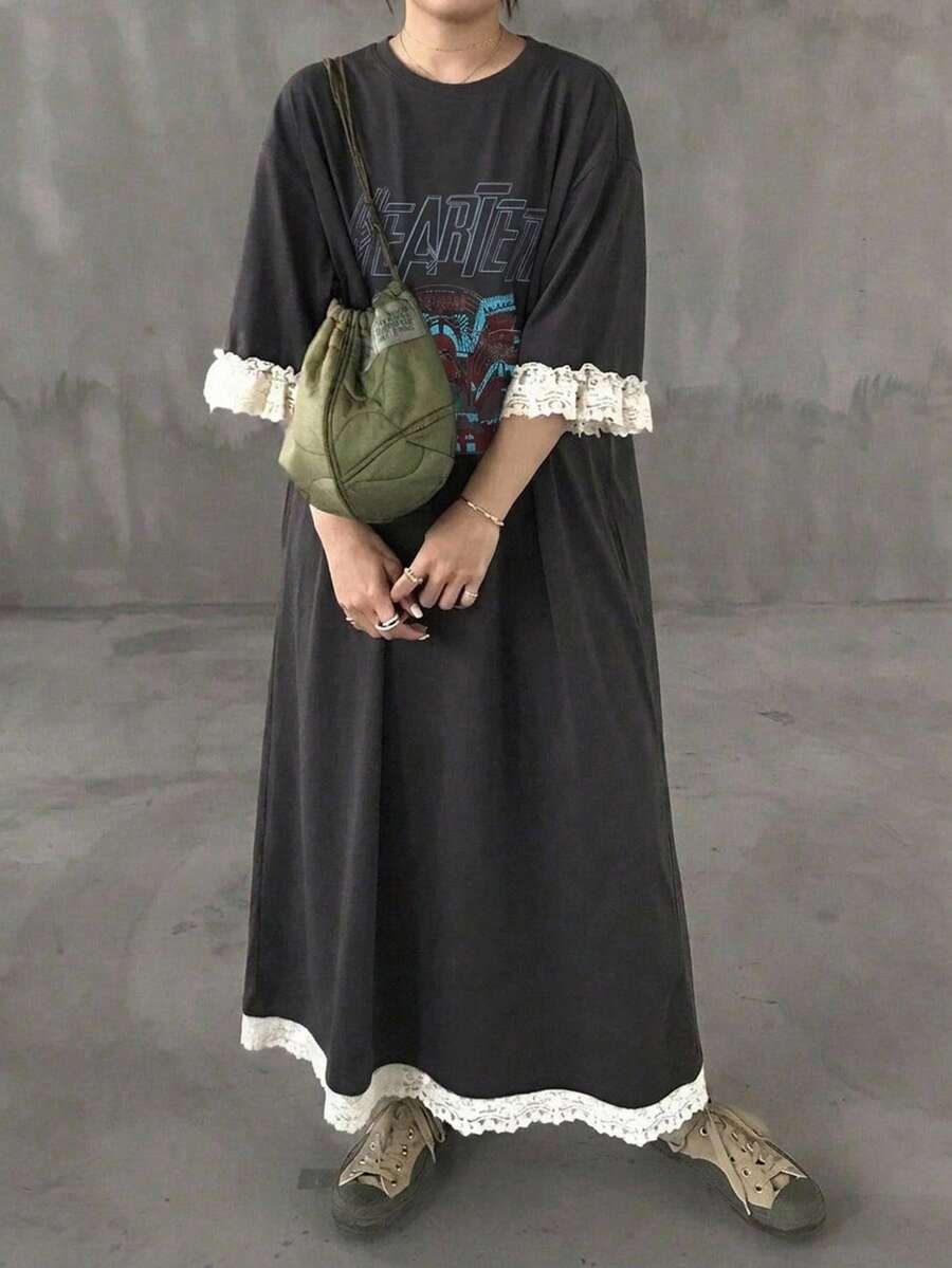 Dazy Plus Contrast Color Long Sleeve Contrast Lace Fabric Printed Loose Casual Long T-Shirt Dress For Girls Fall - Dark Grey - View 1