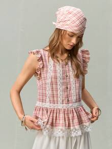 SHEIN Women's Plaid Flutter Sleeve Lace Trim Patchwork Ruffle Button Shirt - Pink - View 7