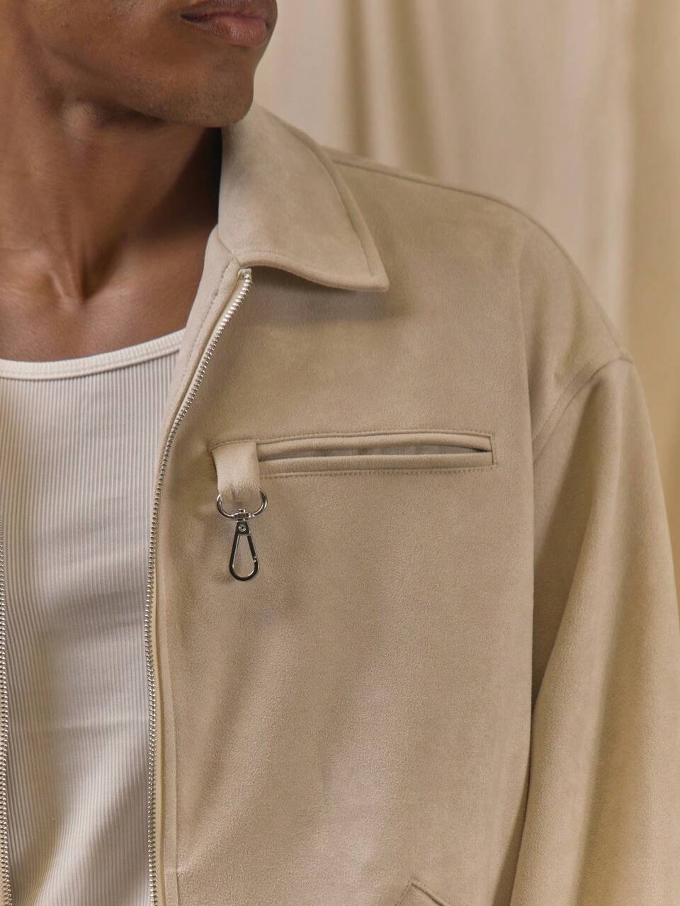 Standared Collared Zip Up  Suede Jakcet Pocket Zip Detail Spring Summer Essnetials