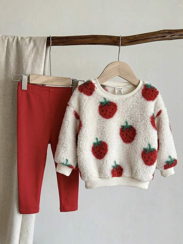 LMoss Kids Baby Girl Knitted Plush Strawberry Pattern Crew Neck Casual Sweatshirt And Long Pants 2-Piece Set Red Christmas Cute Warm Winter Fluffy Comfy Soft