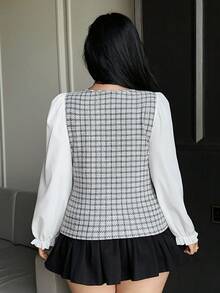 Dazy Plus Blusa elegante de talla grande con bloques de color, patchwork y puños acampanados para primavera, verano y otoño - Gris - Ver 4