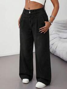 SHEIN Tall CURVE 大尺碼時尚百搭口袋鈕扣寬鬆牛仔褲 女款牛仔女孩風冬季秋季服飾 - 黑色 - 查看 8
