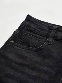 ROMWE Grunge Punk Solid Raw Hem Low Waist Denim Shorts, School - Black - View 3