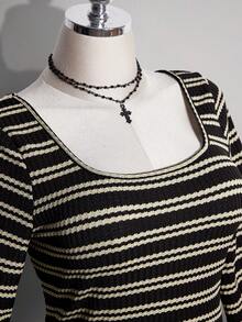 SHEIN ICON Plus Size Colorful Striped Backless Bell Sleeve Knit Dress - Black and White - View 6