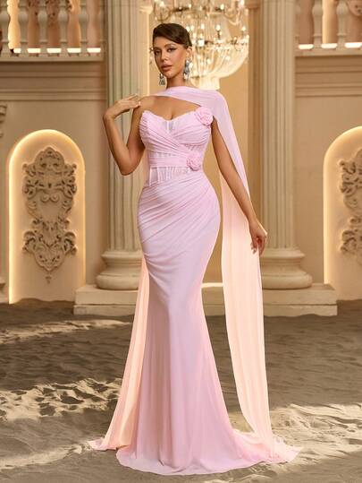 Glamrae Elegant High-Elastic Knit Mesh & French Lace Patchwork Sheer Fishbone Boning Front Slimming Pleated 3D Floral Mermaid Tail Train Formal Evening Gown For Women, Suitable For Date, Vacation, Bachelorette Party, Wedding, Business Dinner, Concert
