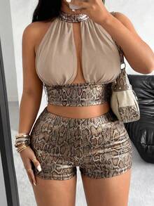 POPSWAY Ensemble sexy et décontracté pour femmes grandes tailles avec top plissé à col licou et short blocs de couleurs - Multicolore - Voir 7