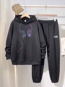 SHEIN Teen Boys Casual Loose Comfortable Colorful Graphic Print Autumn Hoodie & Sweatpants Set With Woven Label Decoration - Dark Grey - View 3