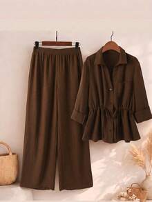 Rusticease Plus Size Women Solid Color Pleated Top And Wide Leg Pants Casual Daily 2 Pieces Set Fall - Brown - View 7