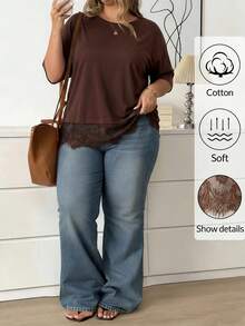 SHEIN CURVE+ Große Größen Damen Baumwollmischung T-Shirt mit elegantem Spitzensaum, kurzärmelig, Rundhalsausschnitt, Casual Top, bequemes schwarzes Baumwoll-T-Shirt mit Spitzenbesatz, modisches kurzärmeliges Rundhals-Oberteil mit schickem schwarzem Spitzensaum, Baumwollmischung Damen Casual Fit kurzärmeliges Alltagsshirt, Valentinstag Spitzenbesatz Top, Baumwoll-Oberteil, Casual Top, Casual Top Frühling, Damen Sommer, Neujahrsparty Top, Schwarzes Top - Braun - Übersicht 6