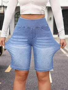 Flexra Plus Size Summer Casual High Waist Denim Shorts - Blue - View 8