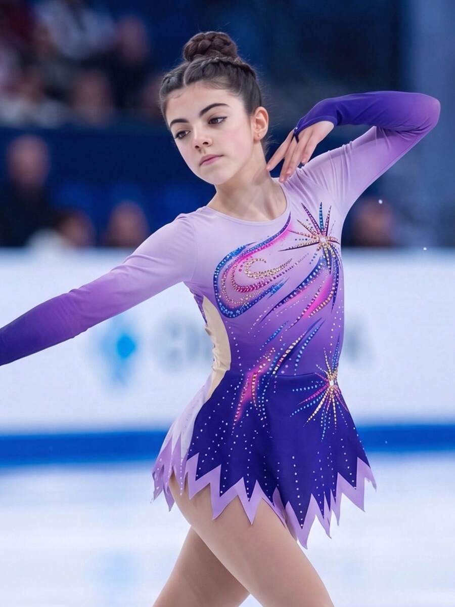 SHEIN Tween女孩水鑽印花長袖運動連身褲，紫色，適合體操、舞蹈比賽，夏季及四季皆宜