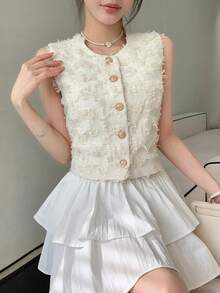 DAZY 1件女款無袖流蘇毛絨背心上衣，約會之夜與日間外出穿搭，奶油白色，夏季法式優雅風 - 米色 - 查看 6