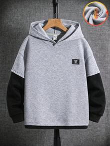 SHEIN 兒童青少年男孩極簡街頭風小字母貼布連帽二合一衛衣，長袖休閒學院風舒適時尚簡約實用百搭柔軟面料，適合日常穿著、上學、旅行、戶外運動，四季皆宜 - 灰色 - 查看 6