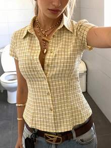 IslaSuriya 女士格子领单排扣休闲百搭日常通勤短袖衬衫 - 黃色 - 查看 6